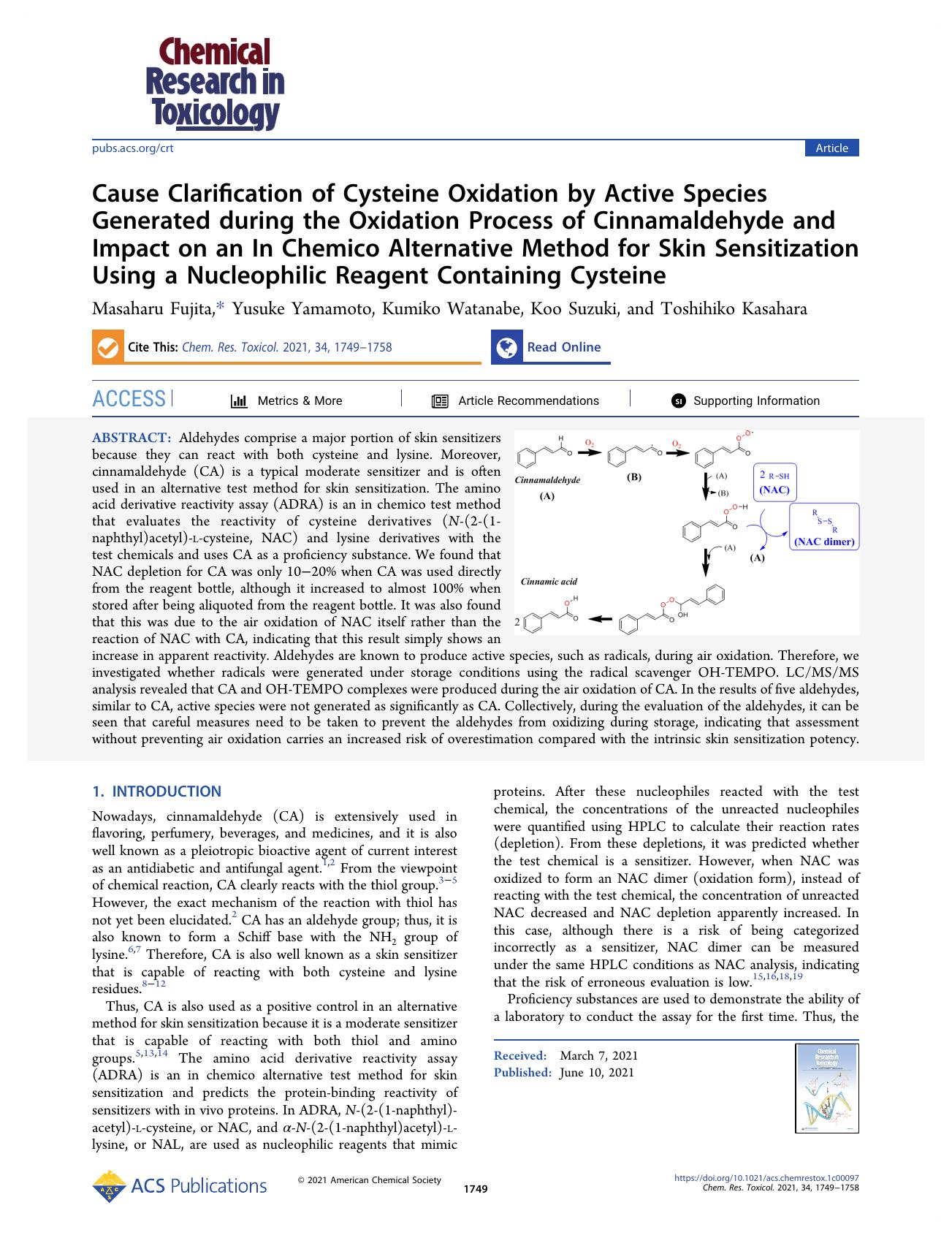 Cause Clarification of Cysteine Oxidation by Active Species Generated during the Oxidation Process of Cinnamaldehyde and Impact on an In Chemico Alternative Method for Skin Sensiti by Masaharu Fujita Yusuke Yamamoto Kumiko Watanabe Koo Suzuki and Toshihiko Kasahara