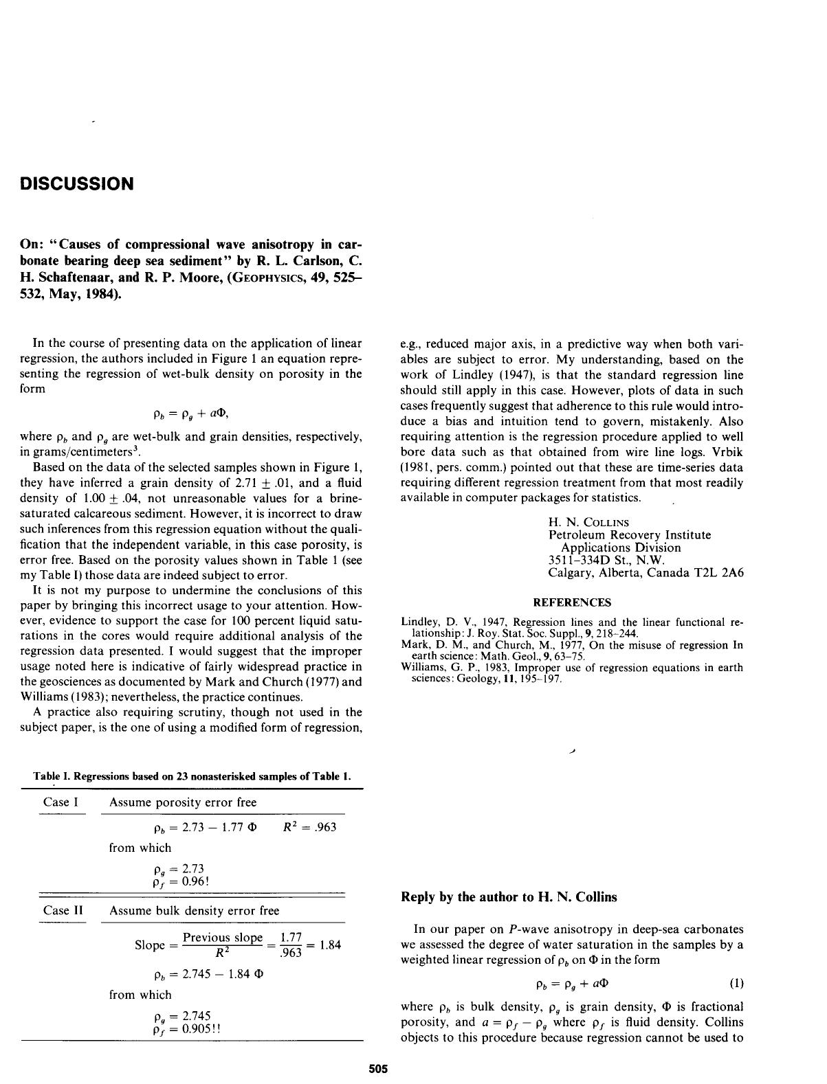 Causes of compressional wave anisotropy in carbonate bearing deep sea sediment: DISCUSSION by Carlson R. L