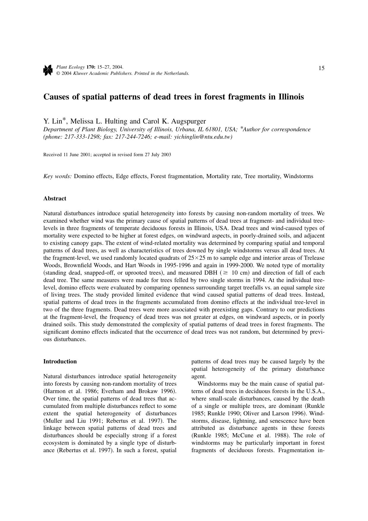 Causes of spatial patterns of dead trees in forest fragments in Illinois by Unknown
