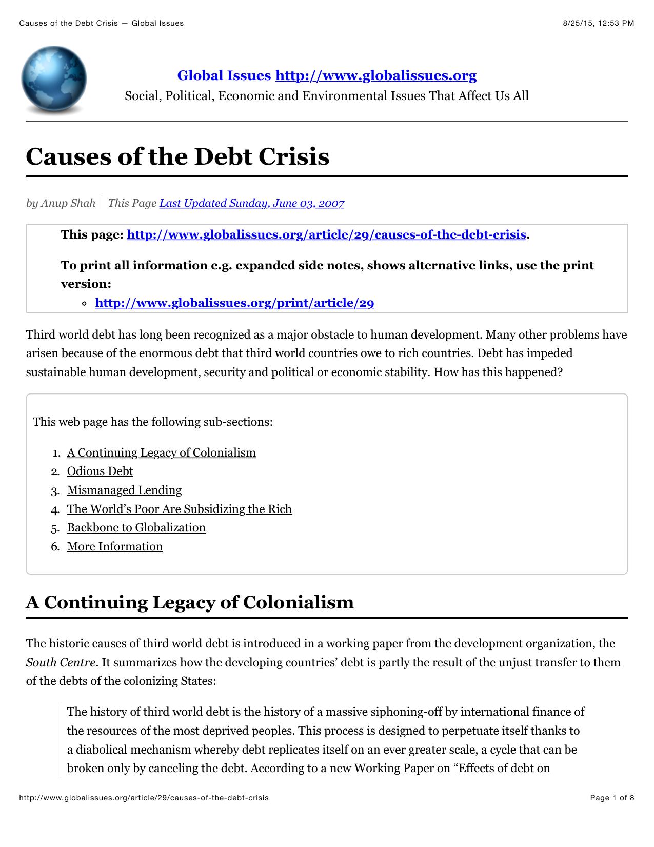 Causes of the Debt Crisis â Global Issues by Debt Crisis