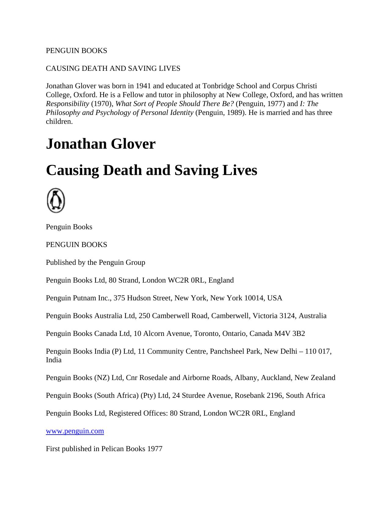 Causing Death and Saving Lives by Jonathan Glover