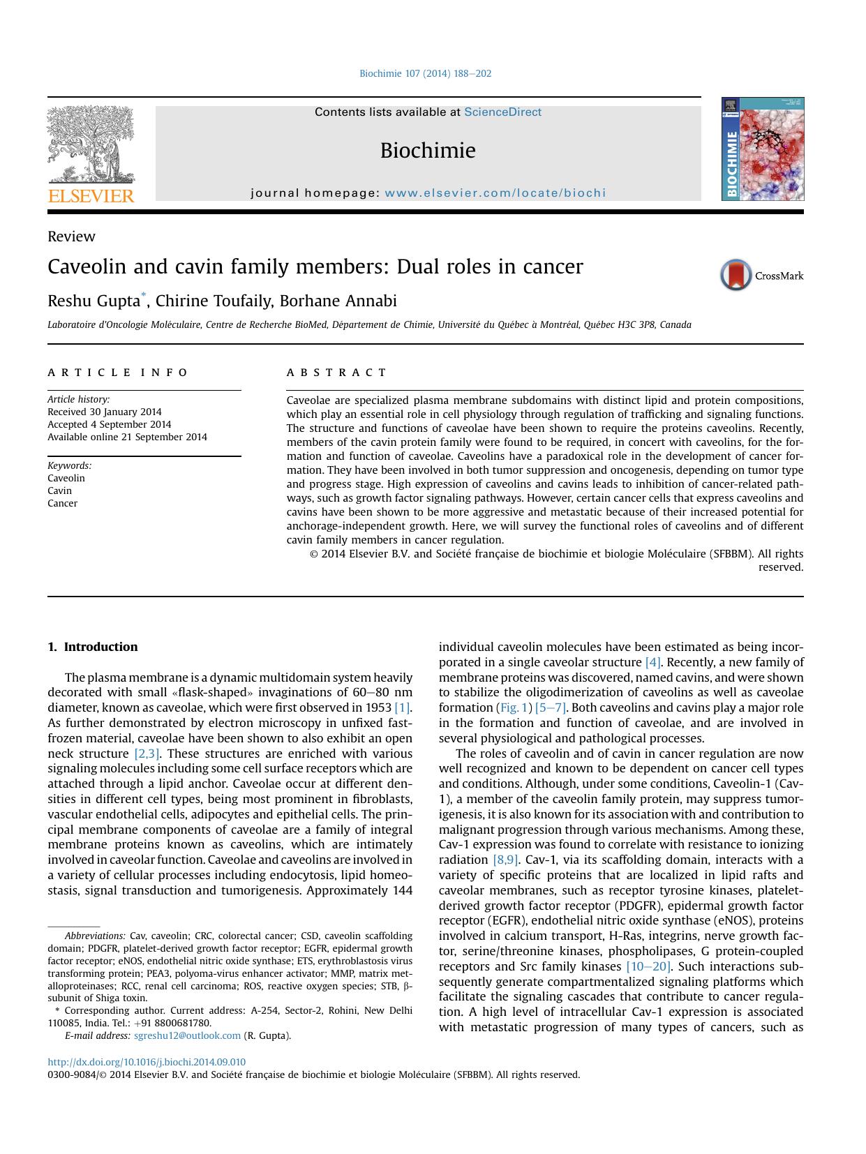 Caveolin and cavin family members: Dual roles in cancer by Reshu Gupta & Chirine Toufaily & Borhane Annabi