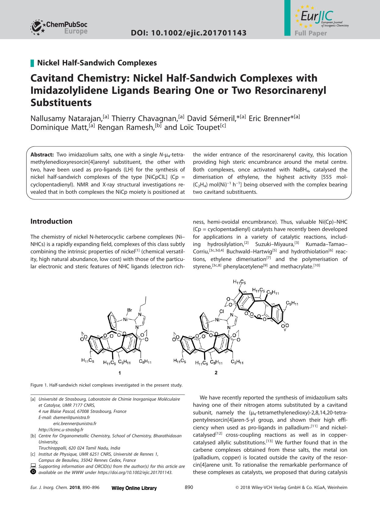 Cavitand Chemistry: Nickel Half&#x02010;Sandwich Complexes with Imidazolylidene Ligands Bearing One or Two Resorcinarenyl Substituents by Unknown