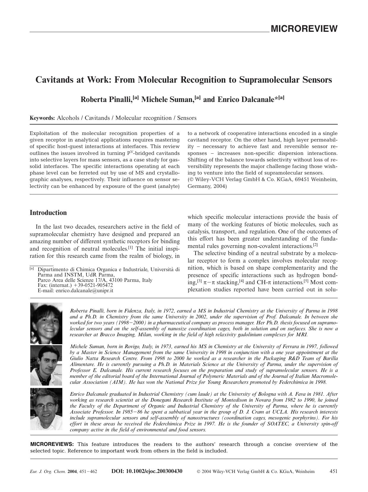 Cavitands at Work: From Molecular Recognition to Supramolecular Sensors by Unknown