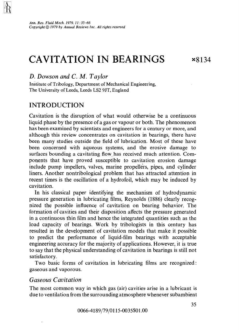 Cavitation in Bearings by D Dowson and C M Taylor