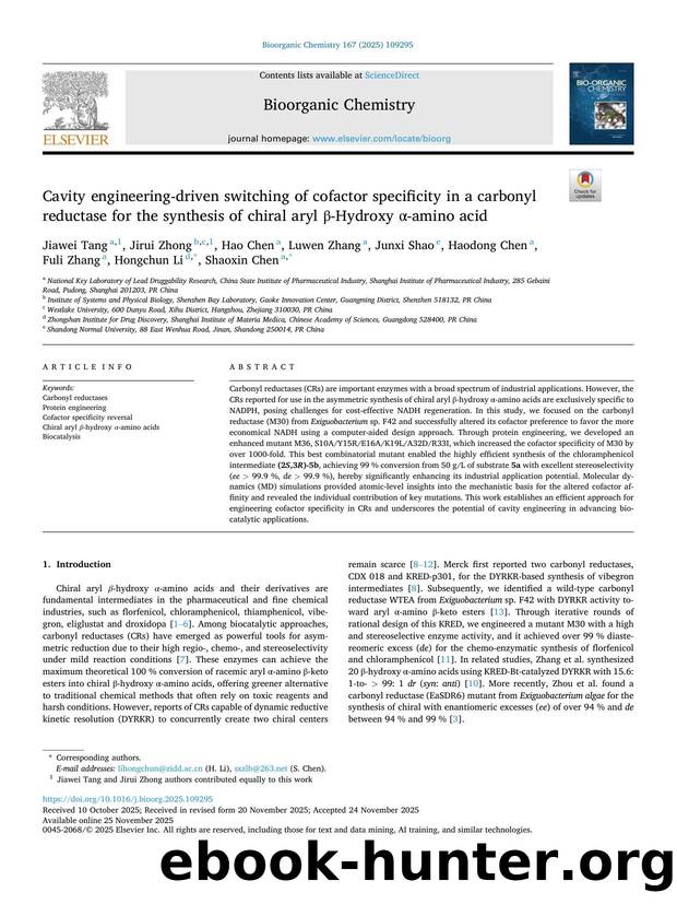 Cavity engineering-driven switching of cofactor specificity in a carbonyl reductase for the synthesis of chiral aryl Î²-Hydroxy Î±-amino acid by unknow