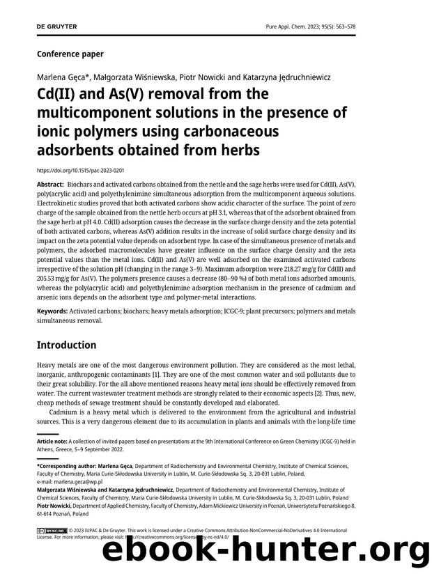 Cd&#40;II&#41; and As&#40;V&#41; removal from the multicomponent solutions in the presence of ionic polymers using carbonaceous adsorbents obtained from herbs by Marlena Gęca