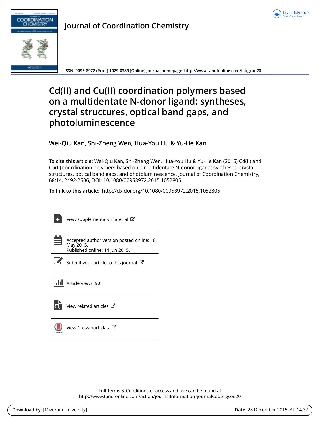 Cd(II) and Cu(II) coordination polymers based on a multidentate N-donor ligand: syntheses, crystal structures, optical band gaps, and photoluminescence by Wei-Qiu Kan