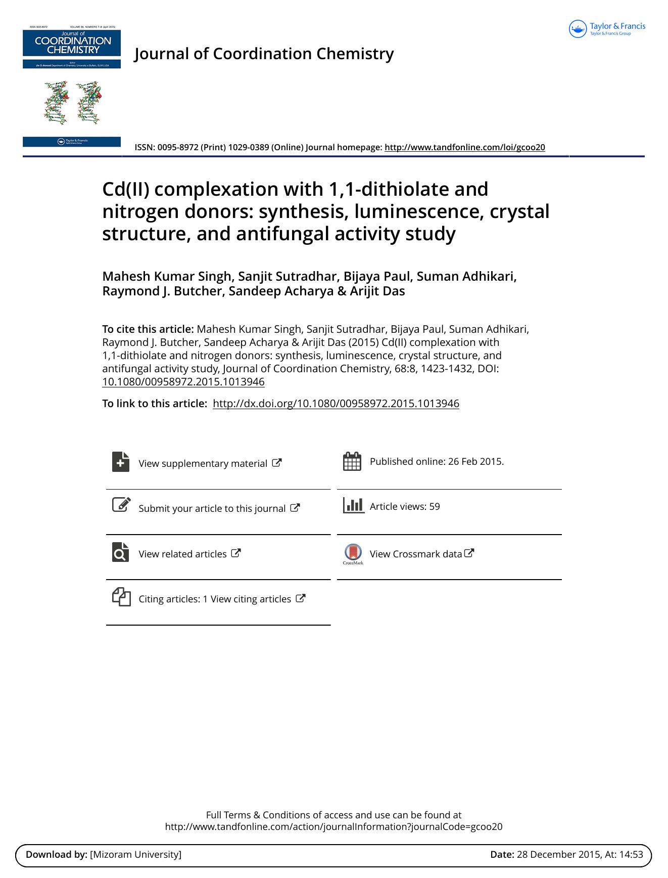 Cd(II) complexation with 1,1-dithiolate and nitrogen donors: synthesis, luminescence, crystal structure, and antifungal activity study by Mahesh Kumar Singh