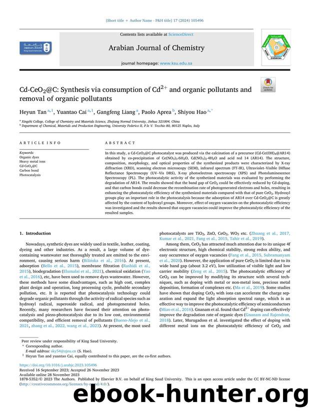 Cd-CeO2@C: Synthesis via consumption of Cd2+ and organic pollutants and removal of organic pollutants by Heyun Tan & Yuantao Cai & Gangfeng Liang & Paolo Aprea & Shiyou Hao