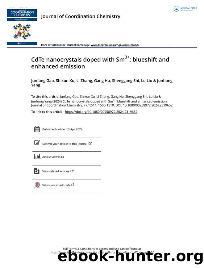 CdTe nanocrystals doped with Sm3+: blueshift and enhanced emission by Gao Junfang & Xu Shixun & Zhang Li & Hu Gang & Shi Shenggang & Liu Lu & Yang Junhong