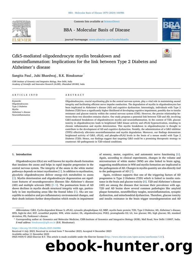 Cdk5-mediated oligodendrocyte myelin breakdown and neuroinflammation: Implications for the link between Type 2 Diabetes and Alzheimer's disease by Sangita Paul & Juhi Bhardwaj & B.K. Binukumar