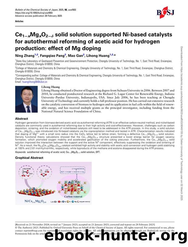 Ce1âxMgxO2âÎ´ solid solution supported Ni-based catalysts for autothermal reforming of acetic acid for hydrogen production: effect of Mg doping by Ning Zhang & Fangqiao Pang & Mao Gan & Lihong Huang