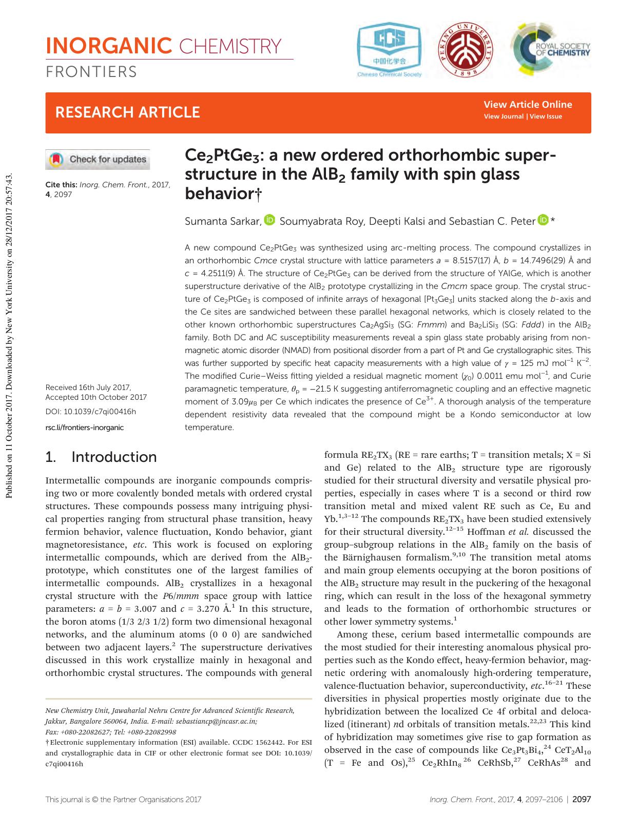 Ce2PtGe3: a new ordered orthorhombic superstructure in the AlB2 family with spin glass behavior by Sumanta Sarkar Soumyabrata Roy Deepti Kalsi Sebastian C. Peter