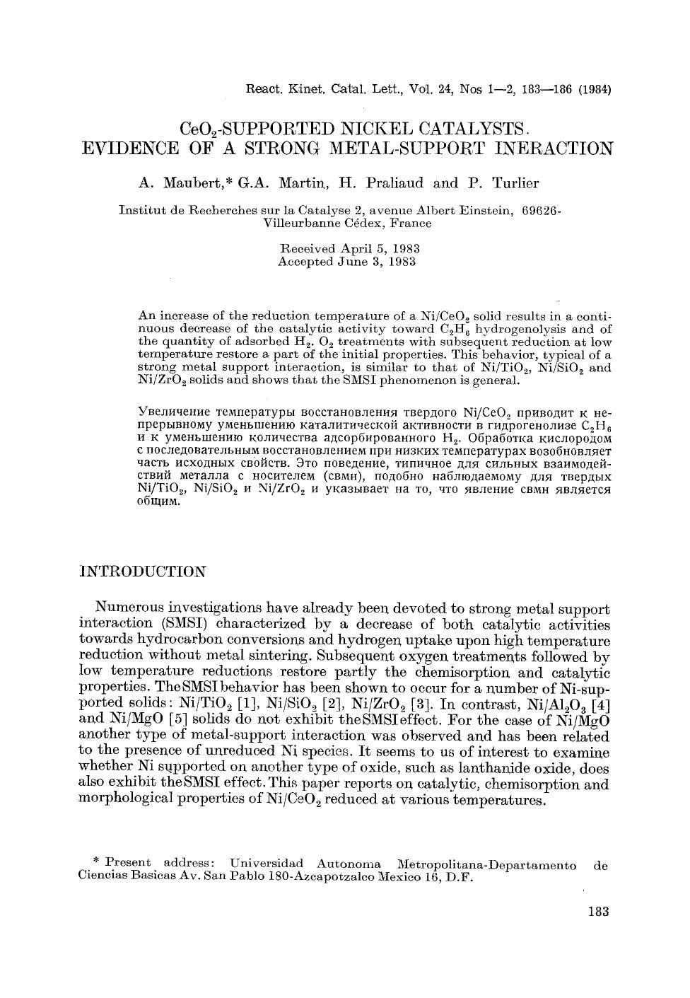 CeO <Subscript>2 <Subscript>-supported nickel catalysts. Evidence of a strong metal-support ineraction by Unknown