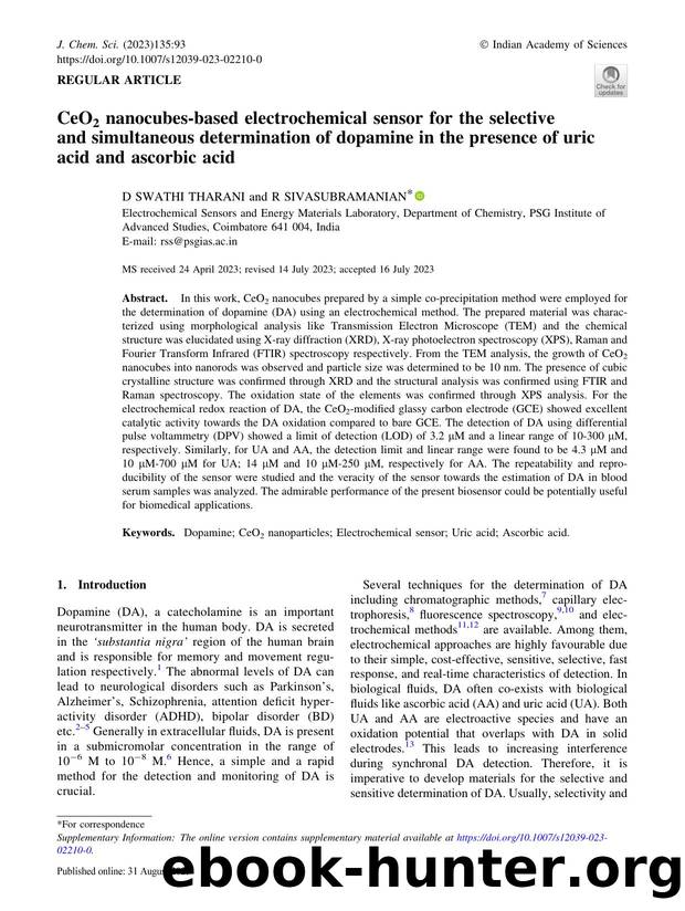 CeO2 nanocubes-based electrochemical sensor for the selective and simultaneous determination of dopamine in the presence of uric acid and ascorbic acid by D Swathi Tharani & R Sivasubramanian