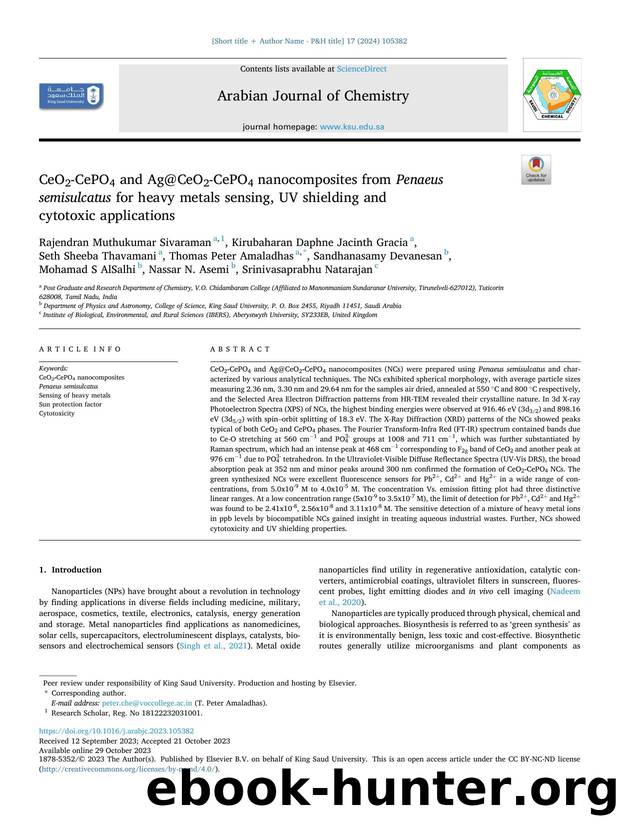 CeO2-CePO4 and Ag@CeO2-CePO4 nanocomposites from Penaeus semisulcatus for heavy metals sensing, UV shielding and cytotoxic applications by unknow