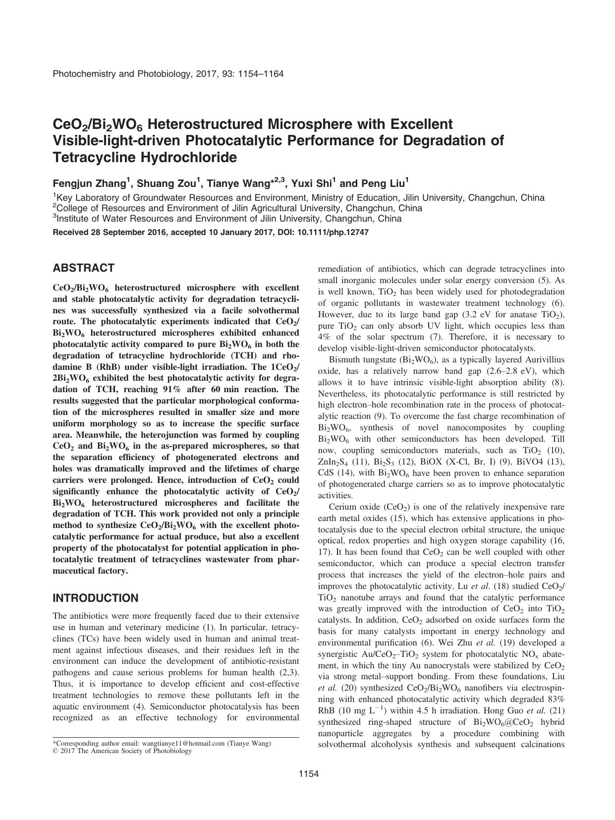 CeO2Bi2WO6 Heterostructured Microsphere with Excellent Visibleâlightâdriven Photocatalytic Performance for Degradation of Tetracycline Hydrochloride by Unknown