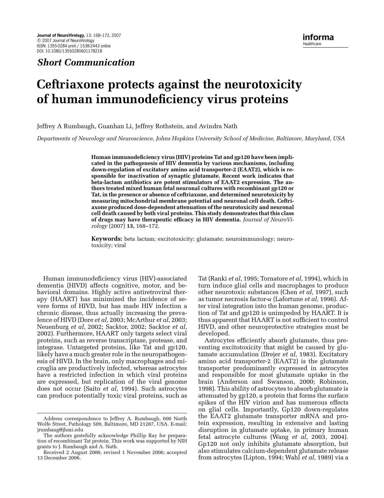 Ceftriaxone protects against the neurotoxicity of human immunodeficiency virus proteins by Unknown