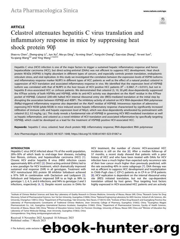 Celastrol attenuates hepatitis C virus translation and inflammatory response in mice by suppressing heat shock protein 90ÃÂ² by unknow