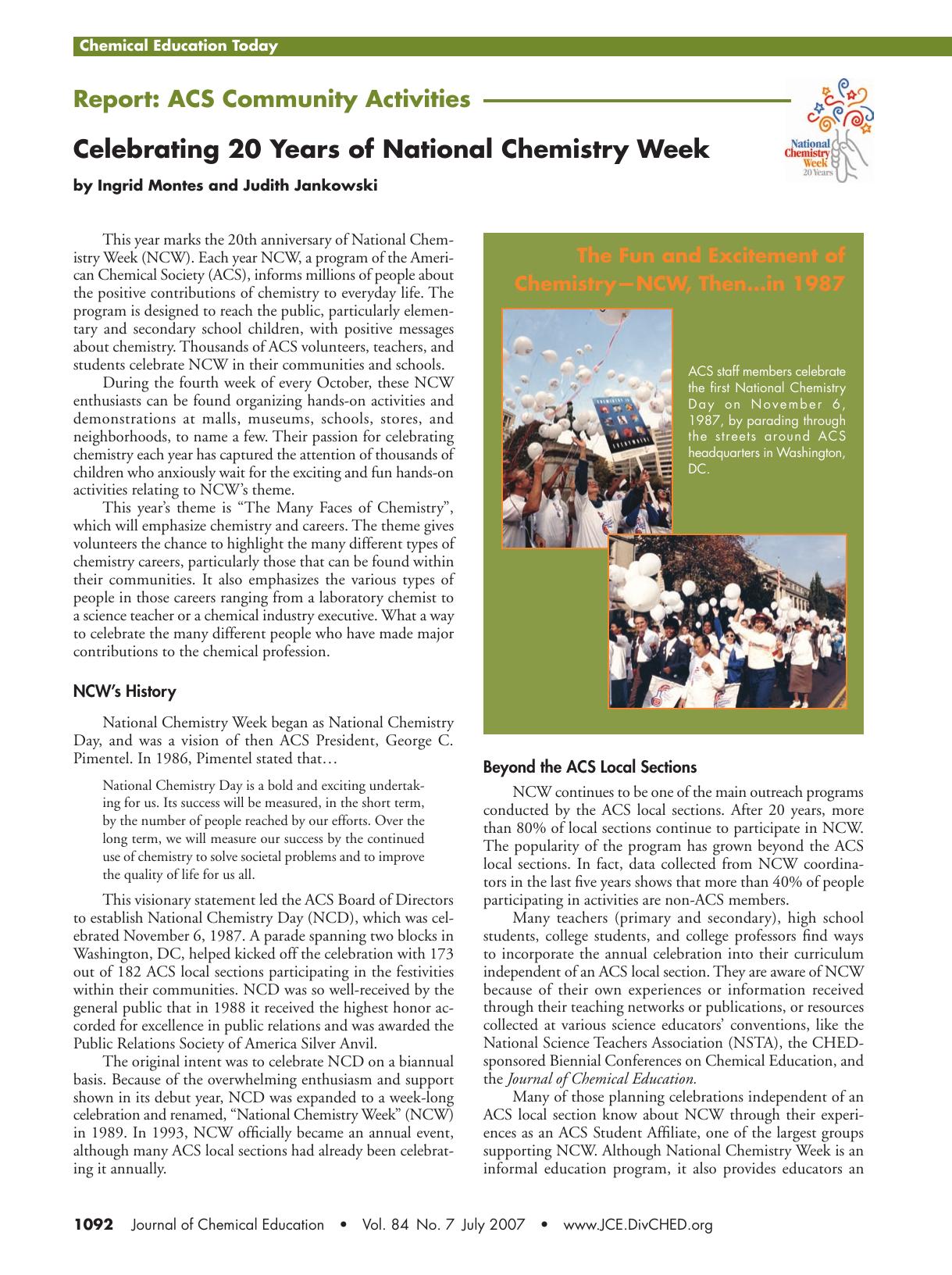 Celebrating 20 Years of National Chemistry Week by Ingrid Montes and Judith R. Jankowski