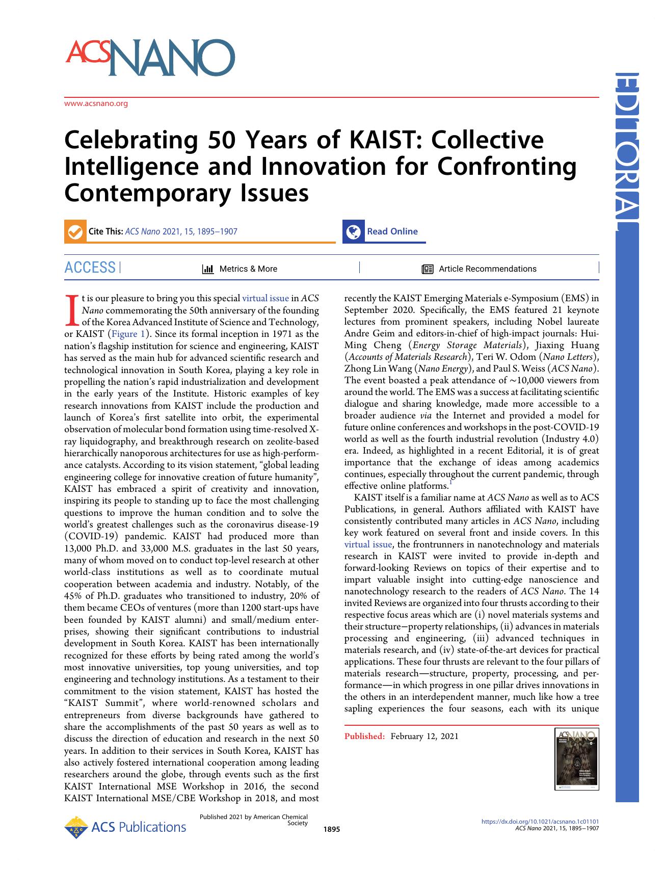Celebrating 50 Years of KAIST: Collective Intelligence and Innovation for Confronting Contemporary Issues by Jaewan Ahn Choongsik Bae Paul S. Weiss and Il-Doo Kim