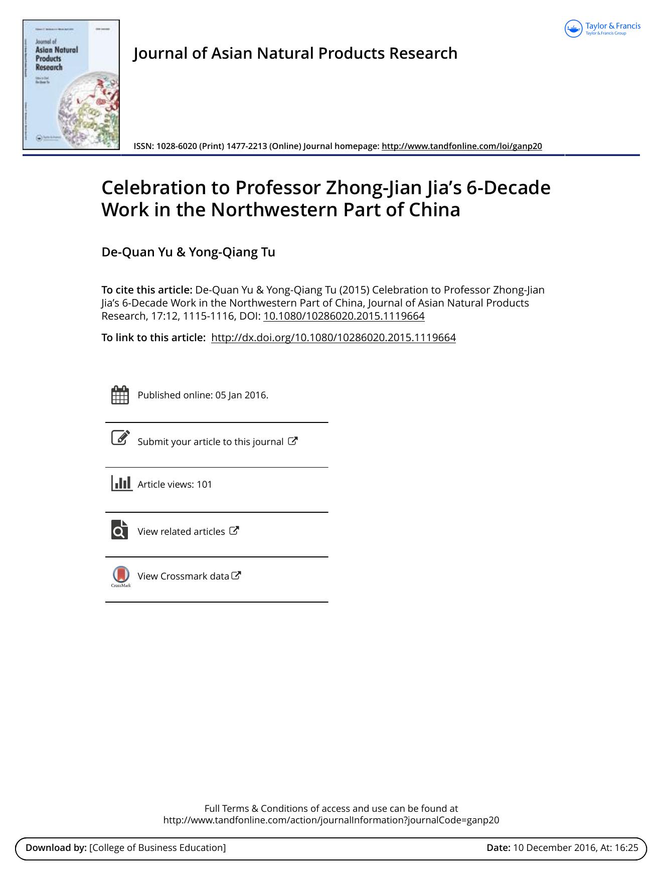 Celebration to Professor Zhong-Jian Jiaâs 6-Decade Work in the Northwestern Part of China by De-Quan Yu & Yong-Qiang Tu