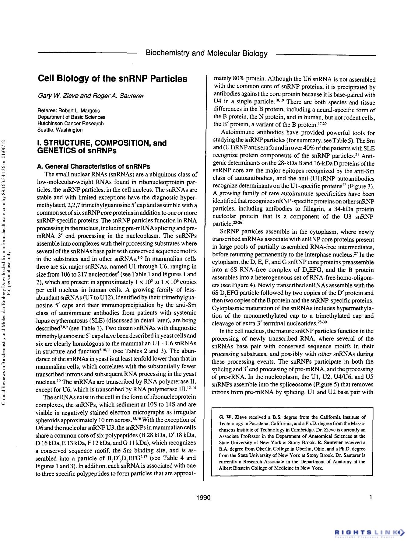 Cell Biology of the snRNP Particle by Gary W. Zieve Roger A. Sauterer & Robert L. Margolis