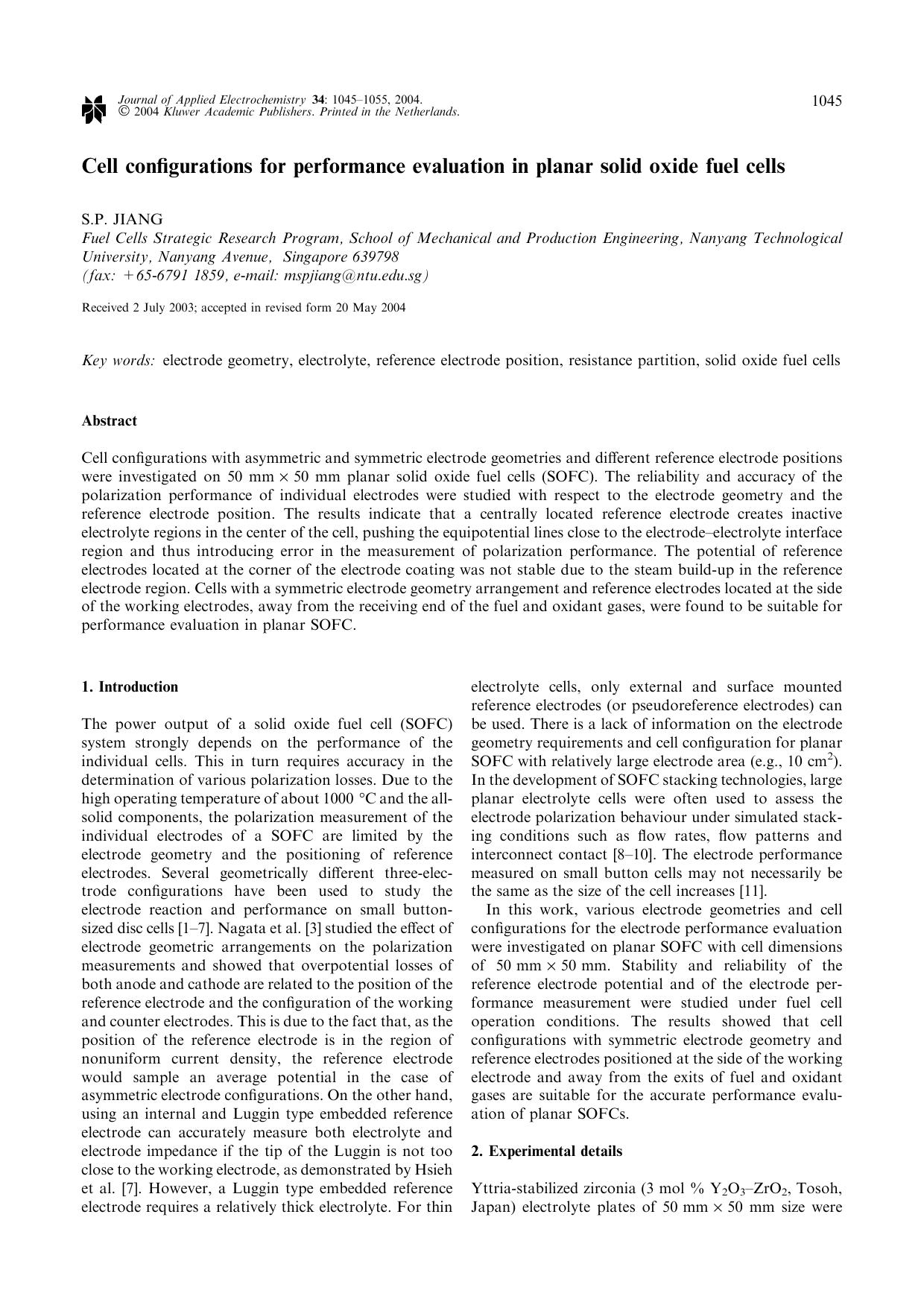 Cell Configurations for Performance Evaluation in Planar Solid Oxide Fuel Cells by Unknown