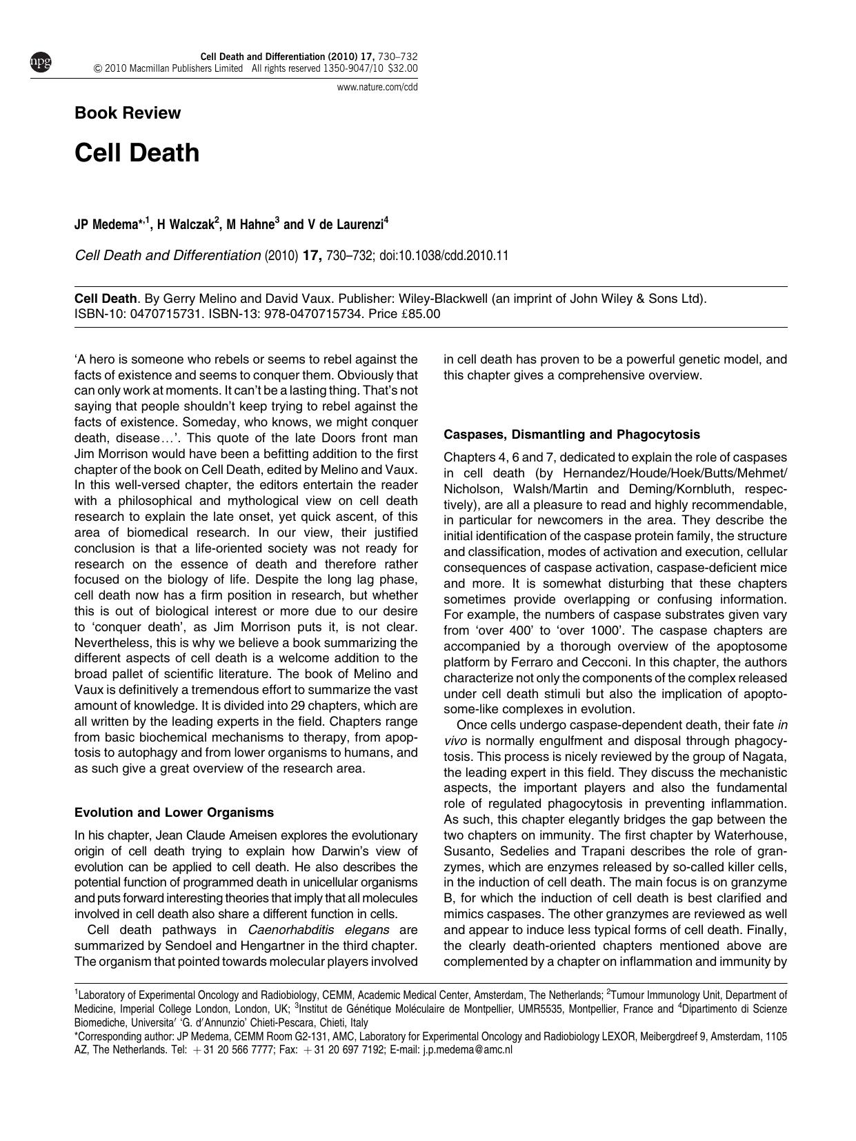 Cell Death by J P Medema & H Walczak & M Hahne & V de Laurenzi