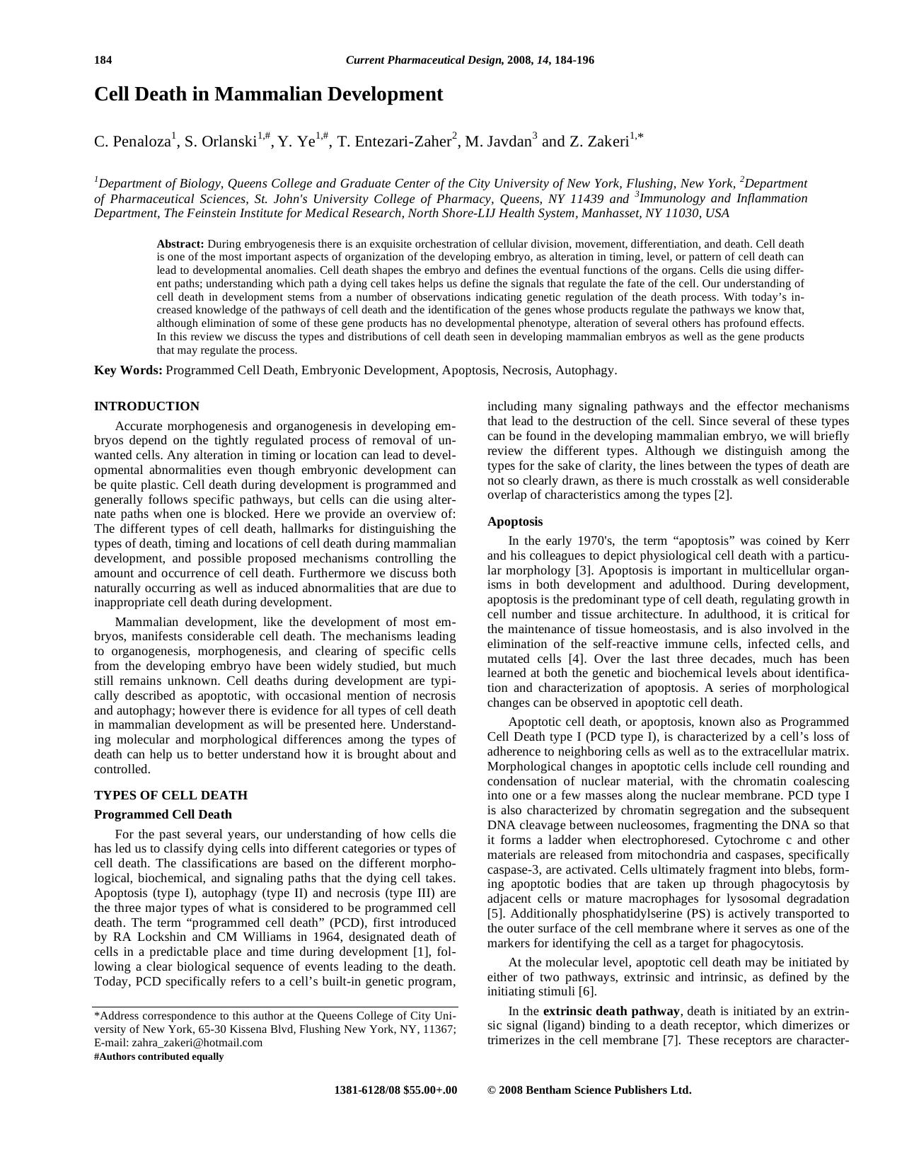 Cell Death in Mammalian Development by Z. Zakeri ; C. Penaloza ; S. Orlanski ; Y. Ye ; T. Entezari-Zaher ; M. Javdan