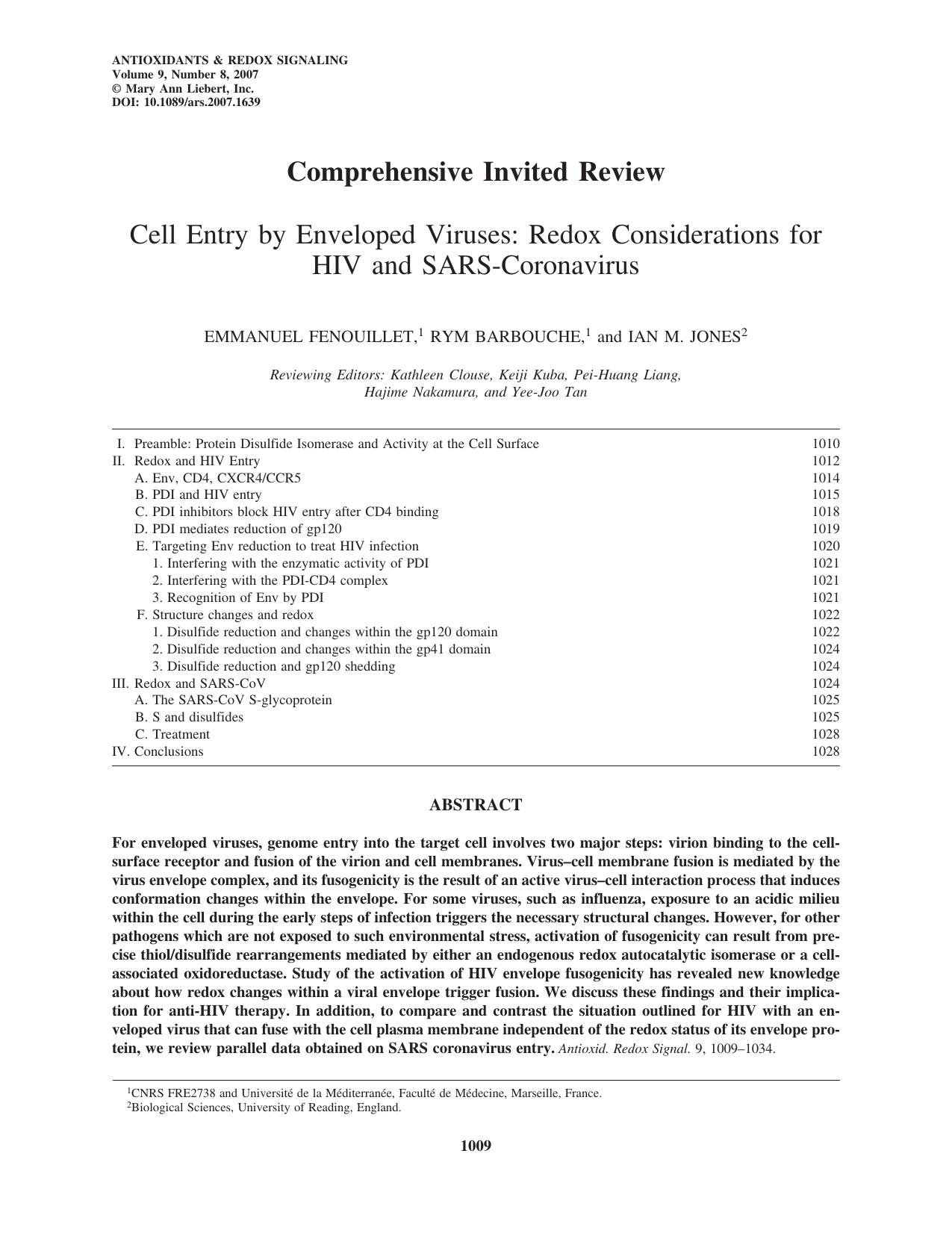 Cell Entry by Enveloped Viruses: Redox Considerations for HIV and SARS-Coronavirus by Emmanuel Fenouillet Rym Barbouche & Ian M. Jones