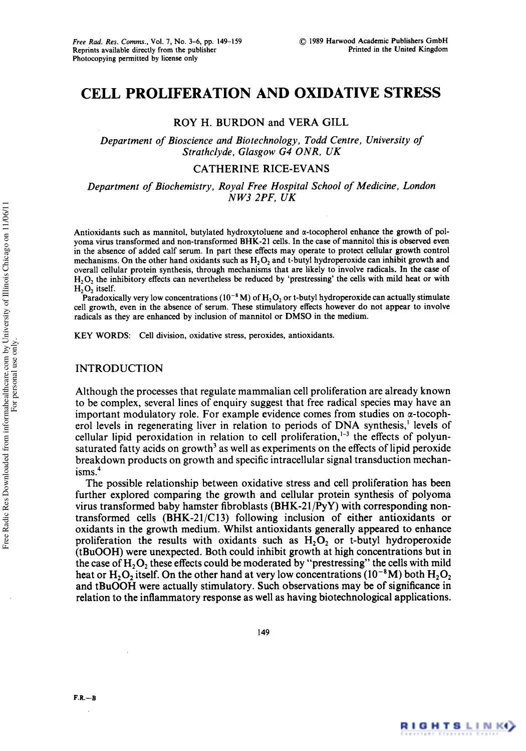Cell Proliferation and Oxidative Stress by Roy H. Burdon1 Vera Gill1 & Catherine Rice-Evans2