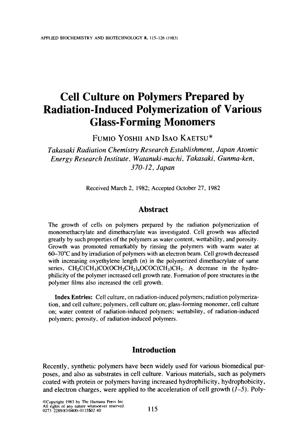 Cell culture on polymers prepared by radiation-induced polymerization of various glass-forming monomers by Unknown