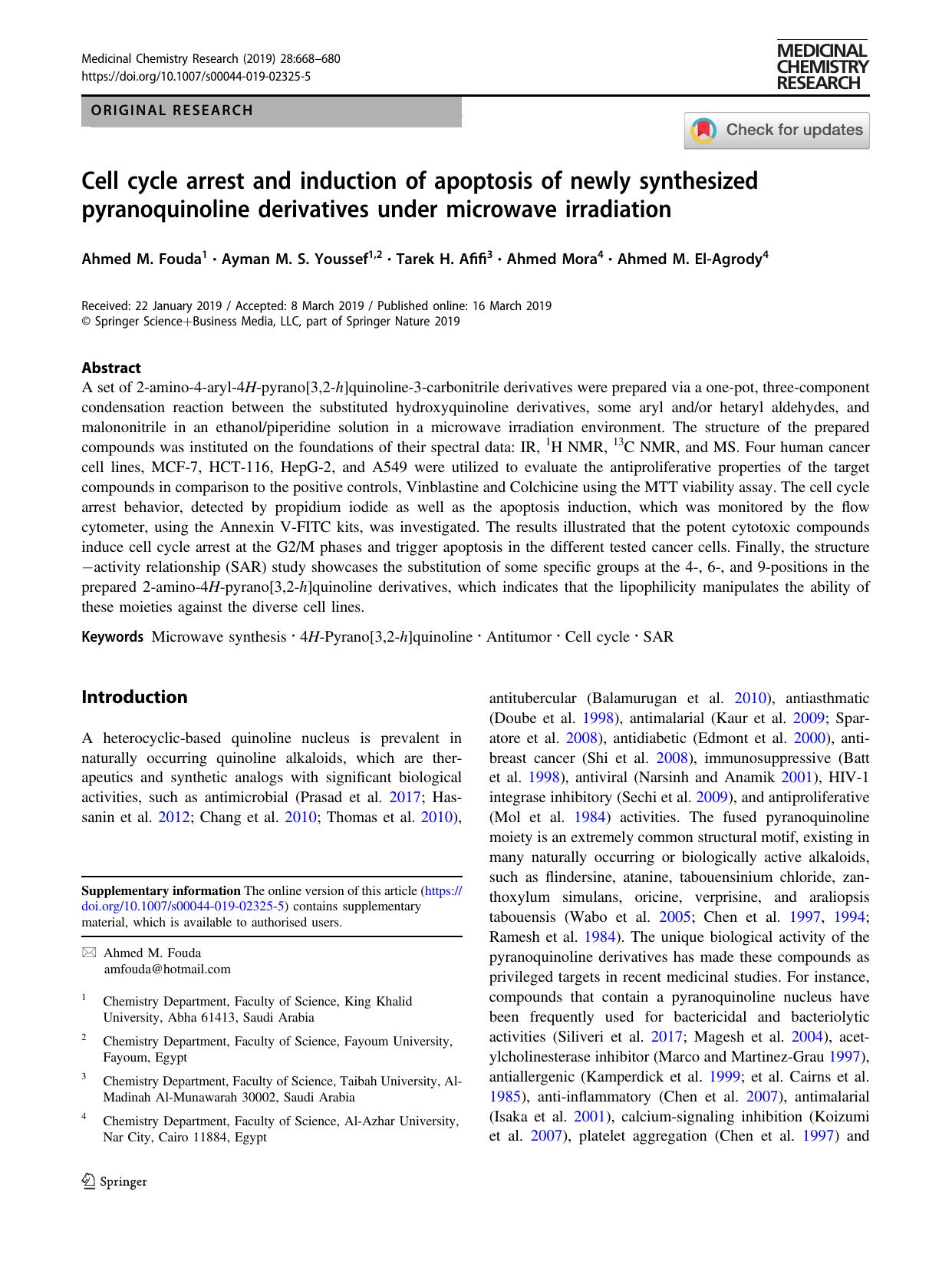 Cell cycle arrest and induction of apoptosis of newly synthesized pyranoquinoline derivatives under microwave irradiation by Ahmed M. Fouda & Ayman M. S. Youssef & Tarek H. Afifi & Ahmed Mora & Ahmed M. El-Agrody
