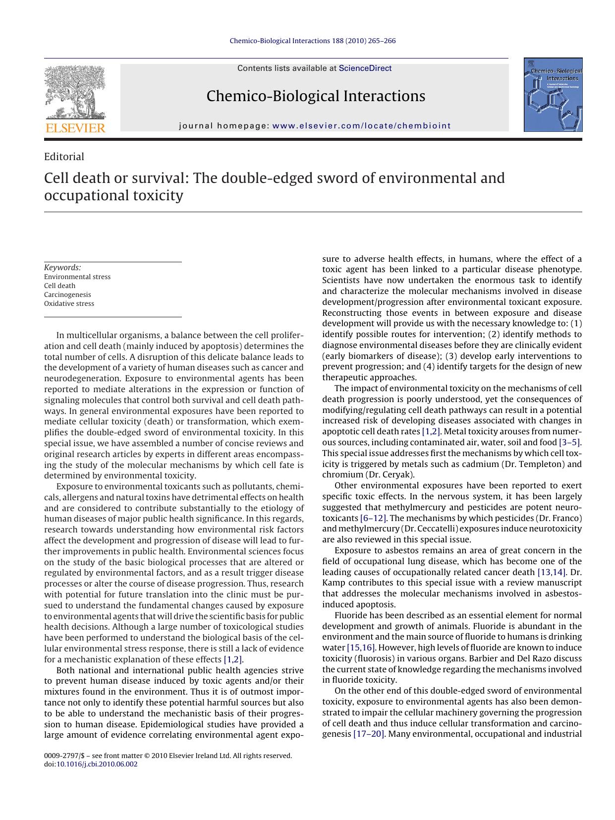 Cell death or survival: The double-edged sword of environmental and occupational toxicity by Rodrigo Franco