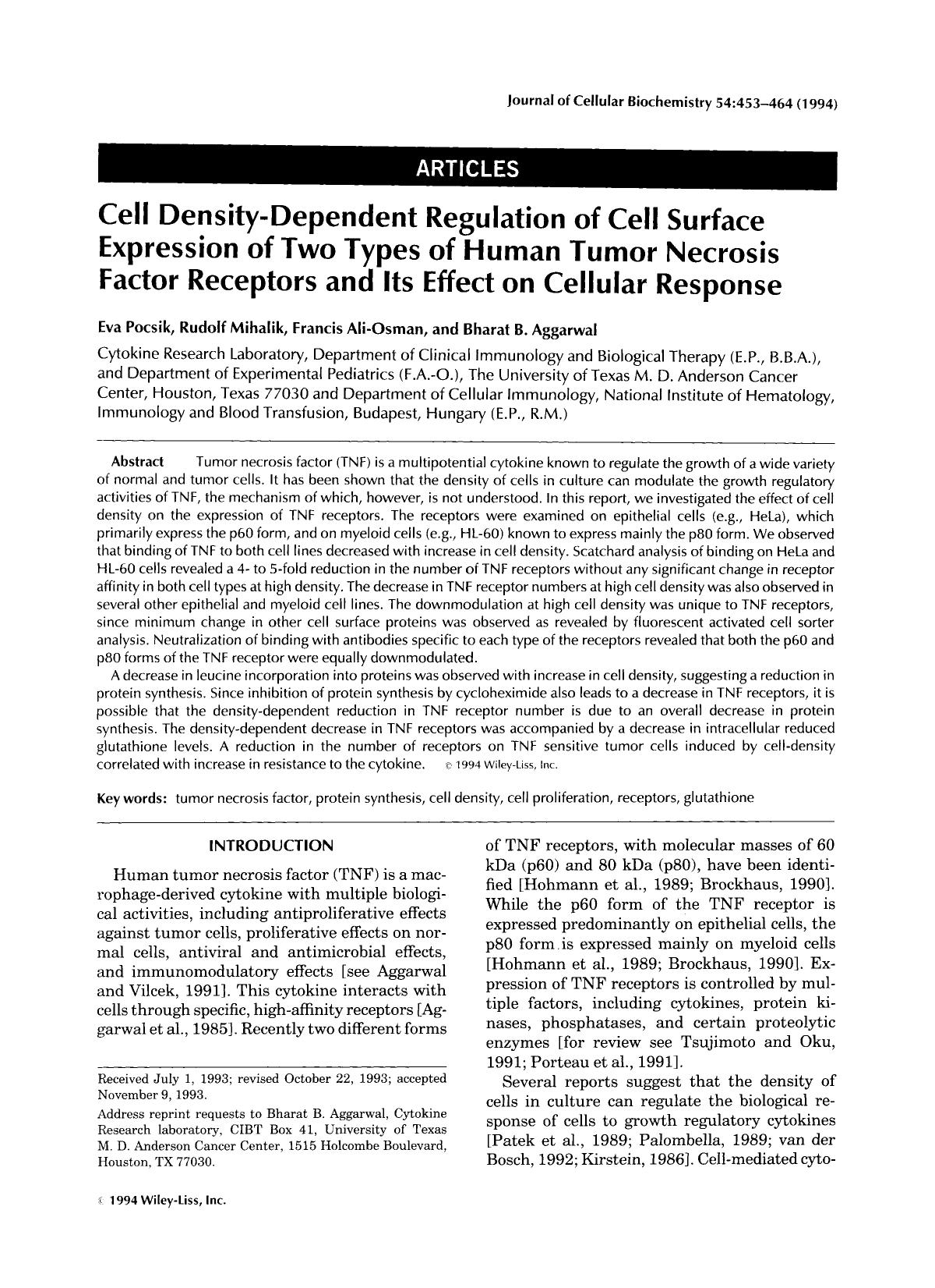 Cell density-dependent regulation of cell surface expression of two types of human tumor necrosis factor receptors and its effect on cellular response by Unknown
