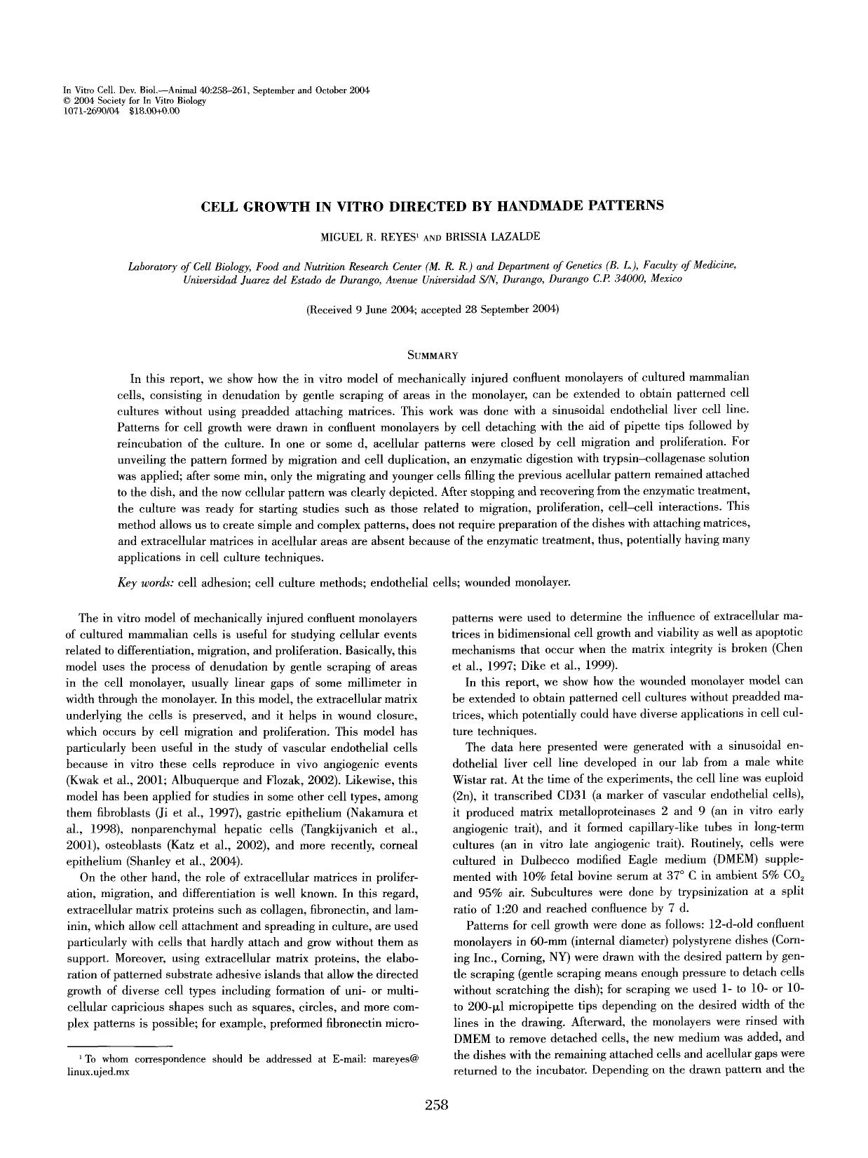 Cell growth in vitro directed by handmade patterns by Unknown