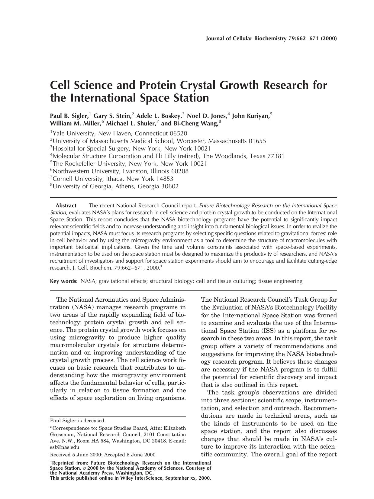 Cell science and protein crystal growth research for the International Space Station by Unknown