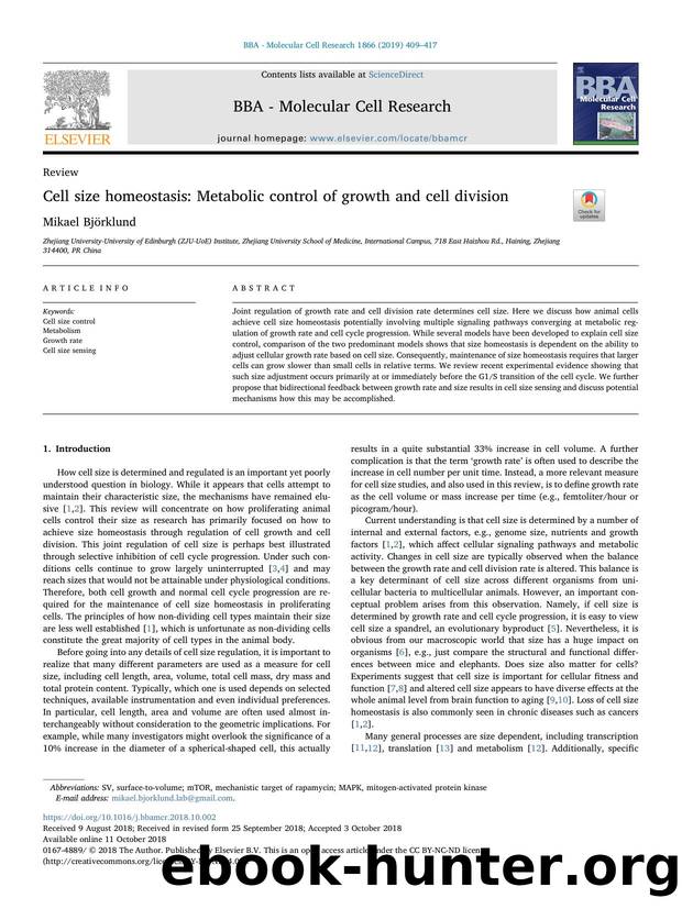 Cell size homeostasis_ Metabolic control of growth and cell division by Mikael Björklund