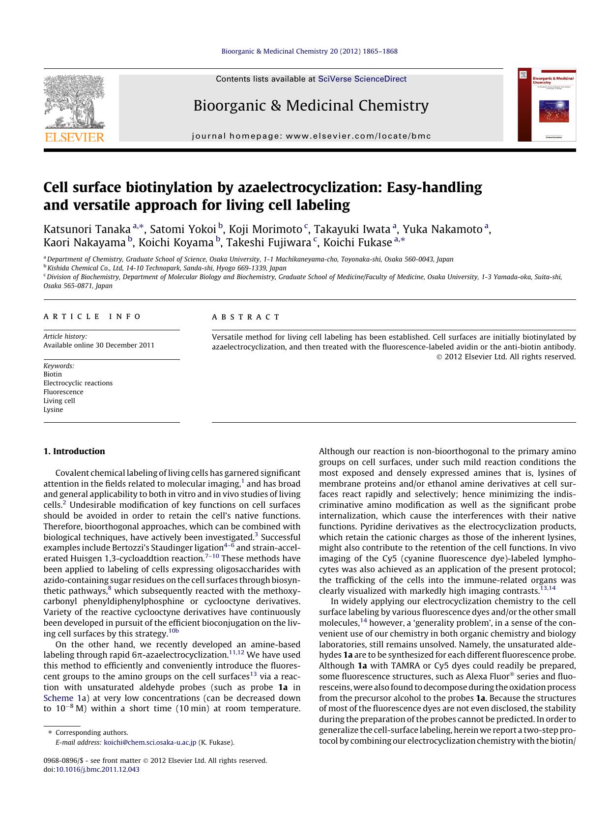 Cell surface biotinylation by azaelectrocyclization: Easy-handling and versatile approach for living cell labeling by unknow