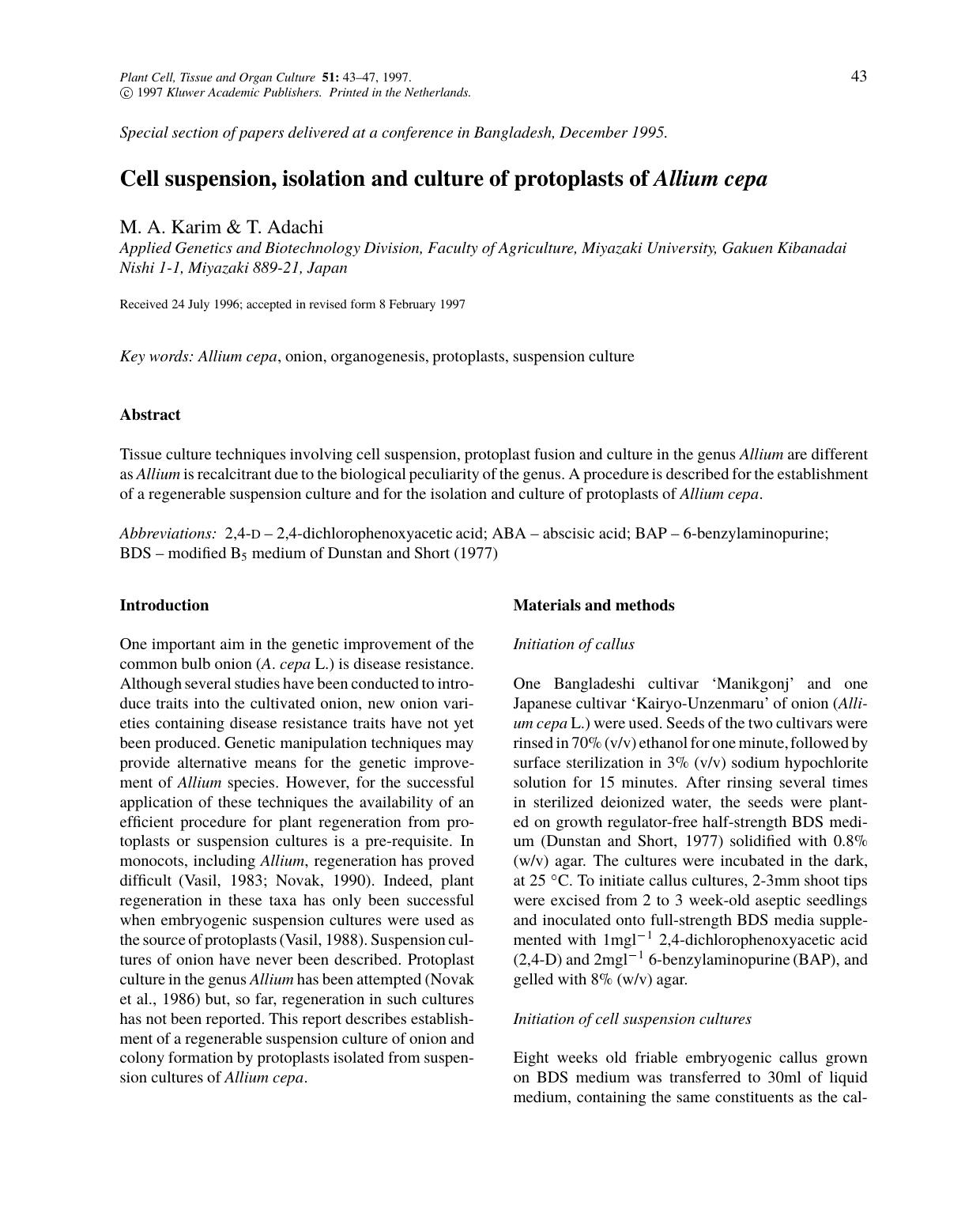 Cell suspension, isolation and culture of protoplasts of Allium cepa by Unknown