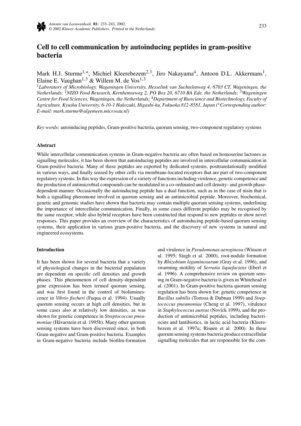 Cell to cell communication by autoinducing peptides in gram-positive bacteria by Unknown