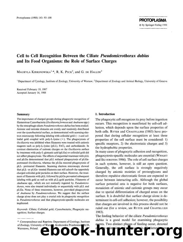Cell to cell recognition between the ciliate <Emphasis Type="Italic">Pseudomicrothorax dubius <Emphasis> and its food organisms: the role of surface charges by Unknown