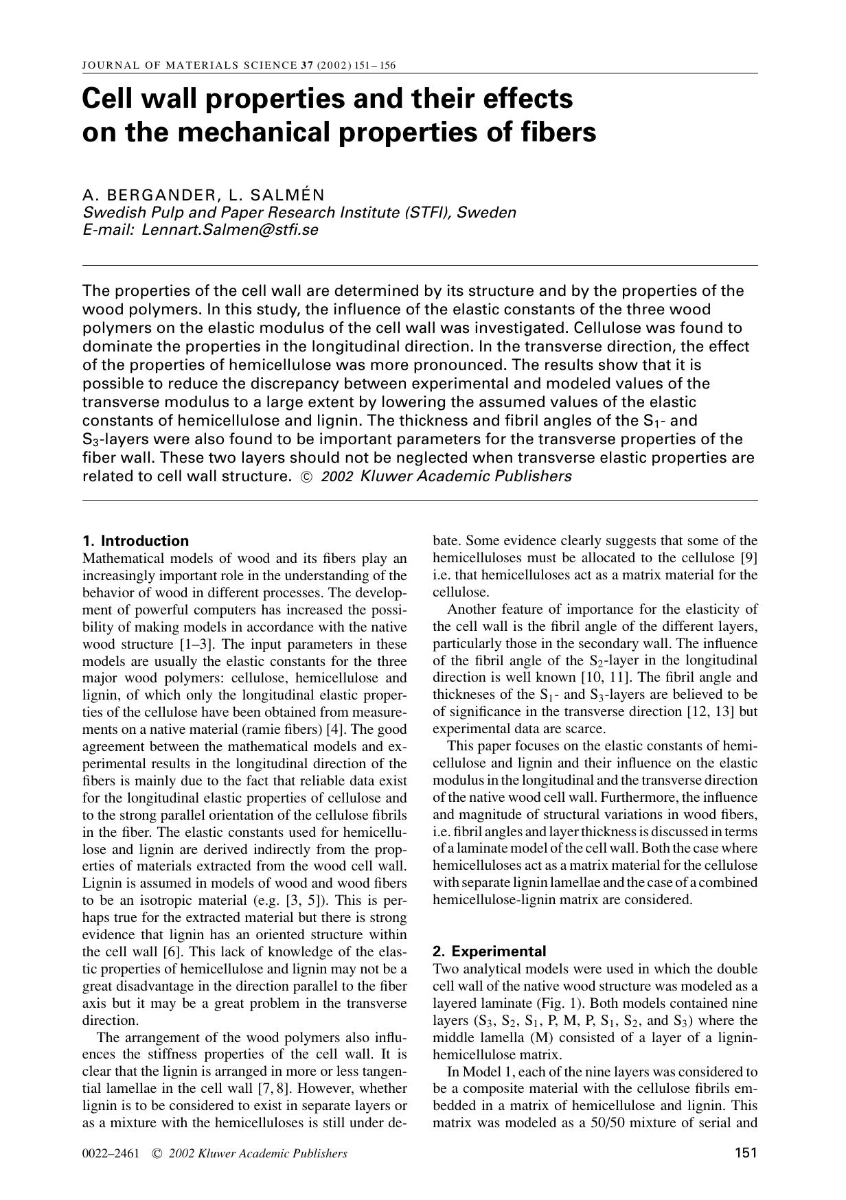 Cell wall properties and their effects on the mechanical properties of fibers by Unknown