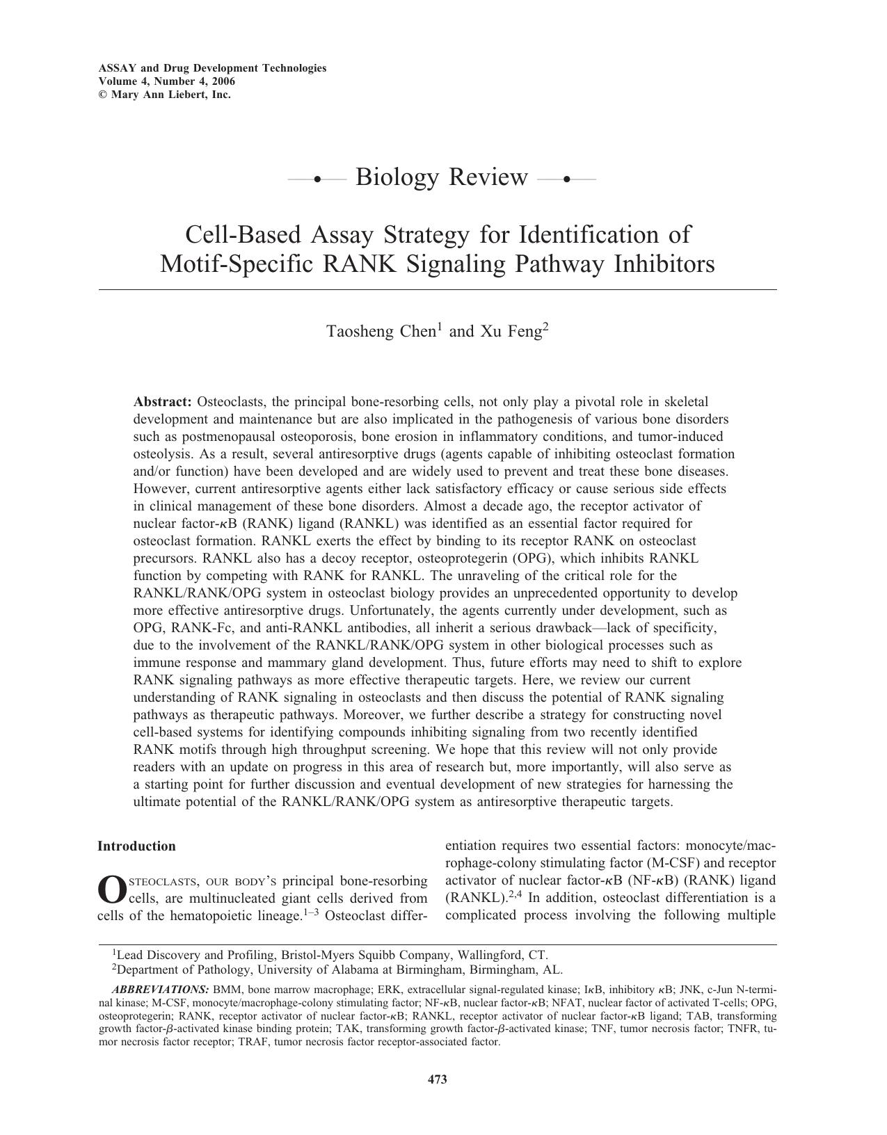 Cell-Based Assay Strategy for Identification of Motif-Specific RANK Signaling Pathway Inhibitors by Taosheng Chen Ph.D. Xu Feng