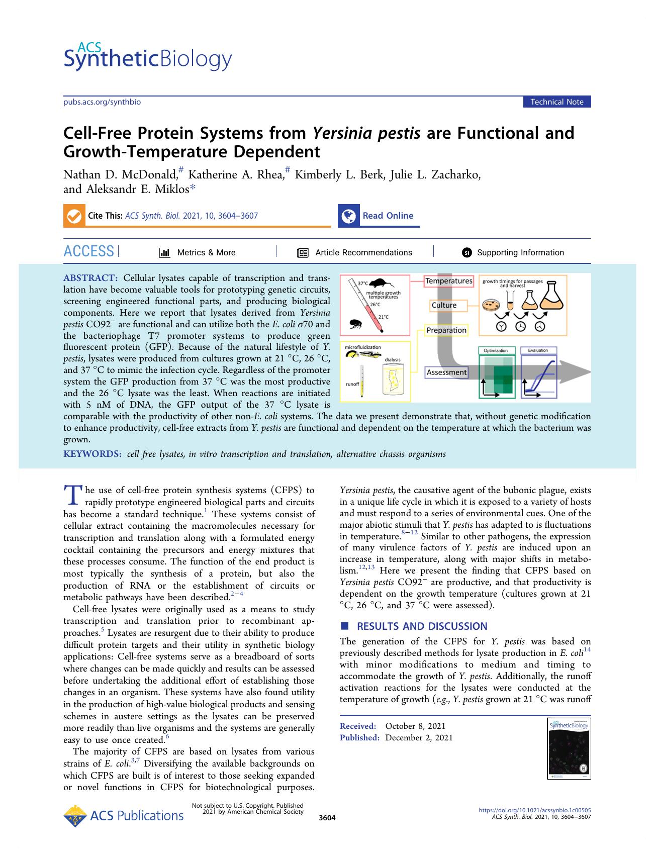 Cell-Free Protein Systems from Yersinia pestis are Functional and Growth-Temperature Dependent by Nathan D. McDonald Katherine A. Rhea Kimberly L. Berk Julie L. Zacharko and Aleksandr E. Miklos