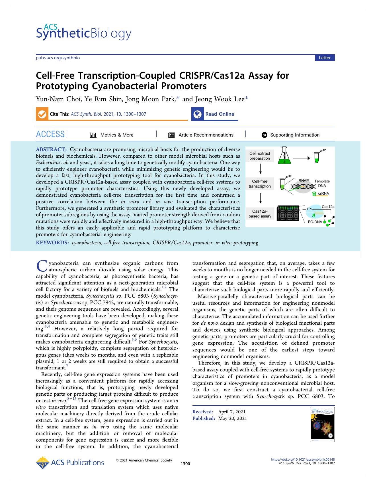 Cell-Free Transcription-Coupled CRISPRCas12a Assay for Prototyping Cyanobacterial Promoters by Yun-Nam Choi Ye Rim Shin Jong Moon Park and Jeong Wook Lee