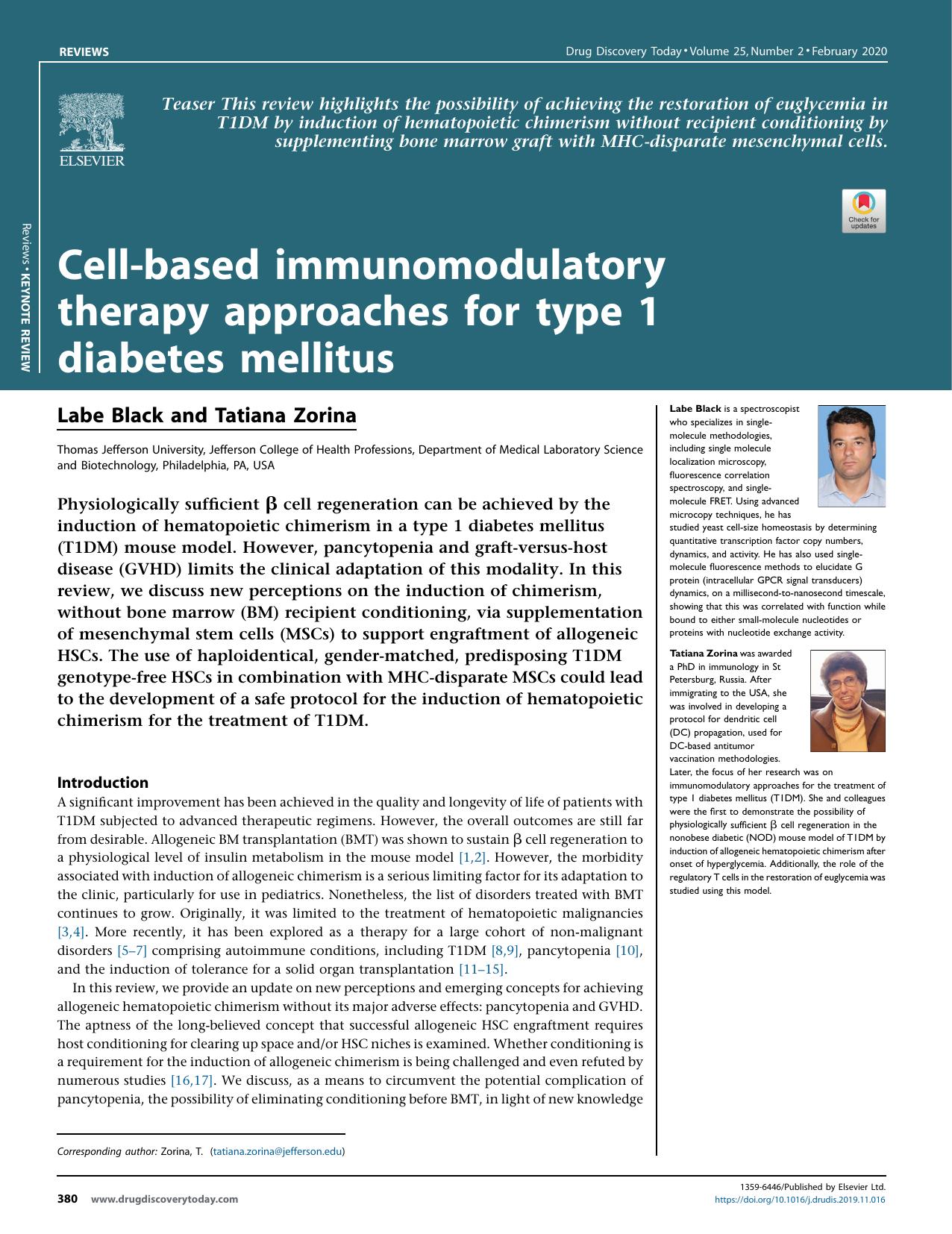 Cell-based immunomodulatory therapy approaches for type 1 diabetes mellitus by Labe Black & Tatiana Zorina