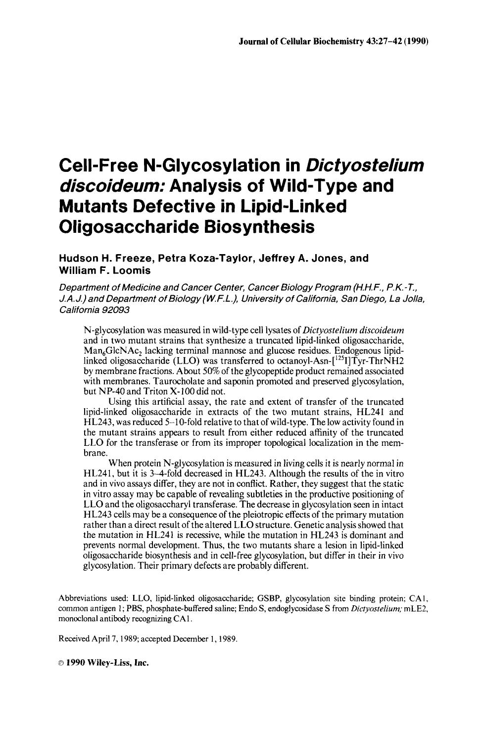 Cell-free N-glycosylation in Dictyostelium discoideum: Analysis of wild-type and mutants defective in lipid-linked oligosaccharide biosynthesis by Unknown